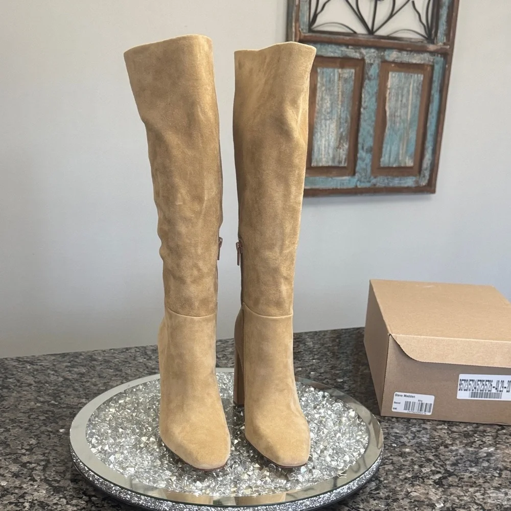 Steve Madden Ally Tan Suede Knee-High Block Heel Boots NEW 6